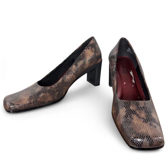 Vintage 90s Snakeskin Block Heel Pumps 8.5 – Square Toe Office Siren Retro Y2K - Picture 1 of 7